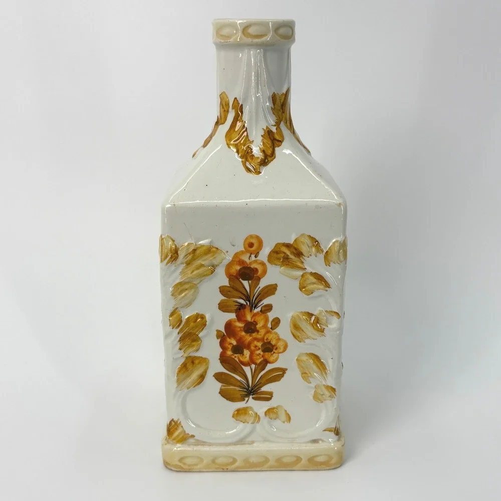 Italian Ceramic Bottle Vase Embossed Floral Design Vintage Hand-Painted Decanter